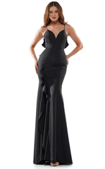 V-neck slim shoulder strap sleeveless tight corset with side slits and floor length evening gown