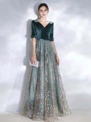 Green v neck tulle lace long prom dress, green evening dress