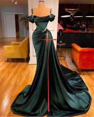 Sexy Dark Green Satin Mermaid Prom Dresses 2022 Spaghetti Straps Pleats Seep Train Formal Evening Occasion Pageant Gowns SA1038