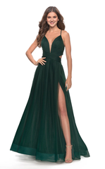 A-line V-neckline sleeveless back strap high slit and floor length evening dress