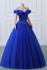 Royal Blue off-the-shoulder lieverd kralen bloemen baljurk tule prom-jurken