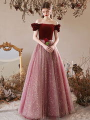 Burgundy A-Line Tulle Long Prom Dress, Burgundy Formal Dress