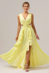Lemon yellow A-line V-neck hollow out ruffle edge pleated long bridesmaid dress with slits