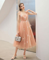 Pink tulle lace applique short prom dress, pink homecoming dress