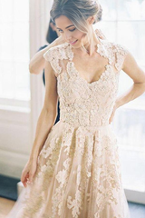 A-line V-neck Sleeveless Floor-Length Wedding Dress with Lace