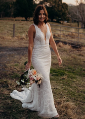 Bohemian Mermaid V-Neck Backless Lace Bridal Gowns wedding Dresses