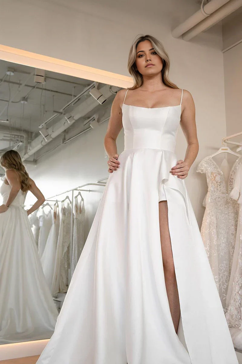A-Line Simple Scoop Neck Satin Wedding Dresses with Slit