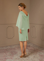 Sheath Lace Chiffon Tea Length Dusty Sage formal dresses evening dress Mother of the Bride Dresses
