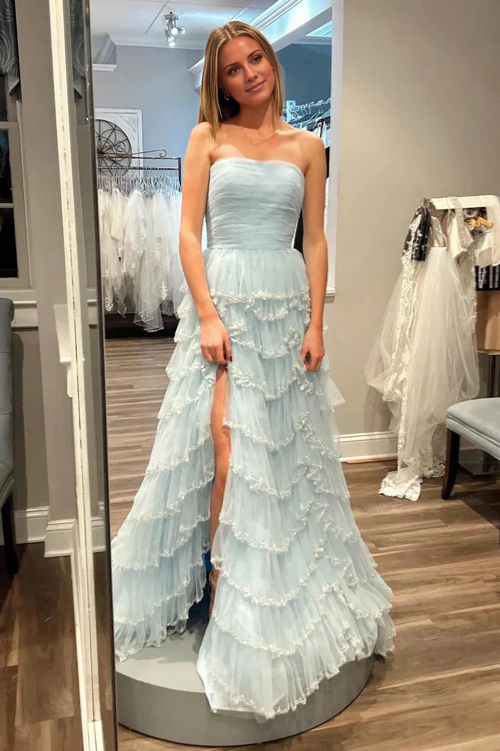 Jimiss off shoulder light blue sequined layered A-line long dress