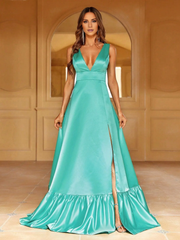 A-line deep V-neck sleeveless ruffle hem and floor length formal dress