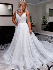 White v neck tulle sequin long prom dress, white tulle evening dress