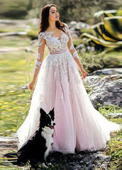 A-line Lace Appliques Long Sleeves Tulle Wedding Dresses with Belt