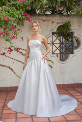Off shoulder collar sleeveless strapless backless and floor length wedding dress