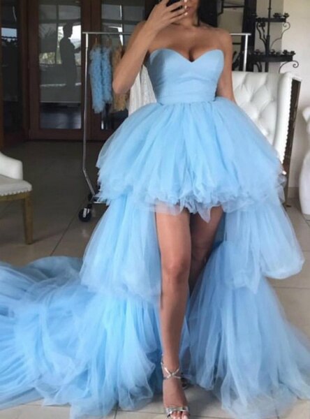 Sweetheart Sweet Blue Tulle Hi Lo Prom Dress With Long Train