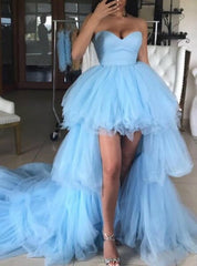 Sweetheart Sweet Blue Tulle Hi Lo Prom Dress With Long Train