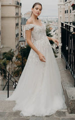 Bohemian A Line Off-the-shoulder Tulle Short Sleeve Brush Train Wedding Dress with Appliques