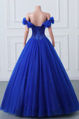 Royal Blue off-the-shoulder lieverd kralen bloemen baljurk tule prom-jurken