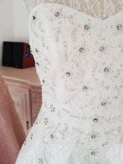 White round neck tulle lace short prom dress lace bridesmaid dress