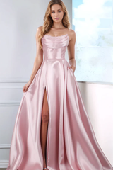 Jimiss Sweet A-line boat neck sleeveless sequin pleated high side slit with trailing tie formal evening gown