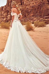 A-line Tulle Off-the-shoulder Lace Neckline Wedding Dress With Appliques
