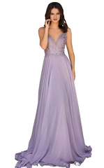 A-line V-neck thin shoulder strap floral embroidery and floor length evening dress
