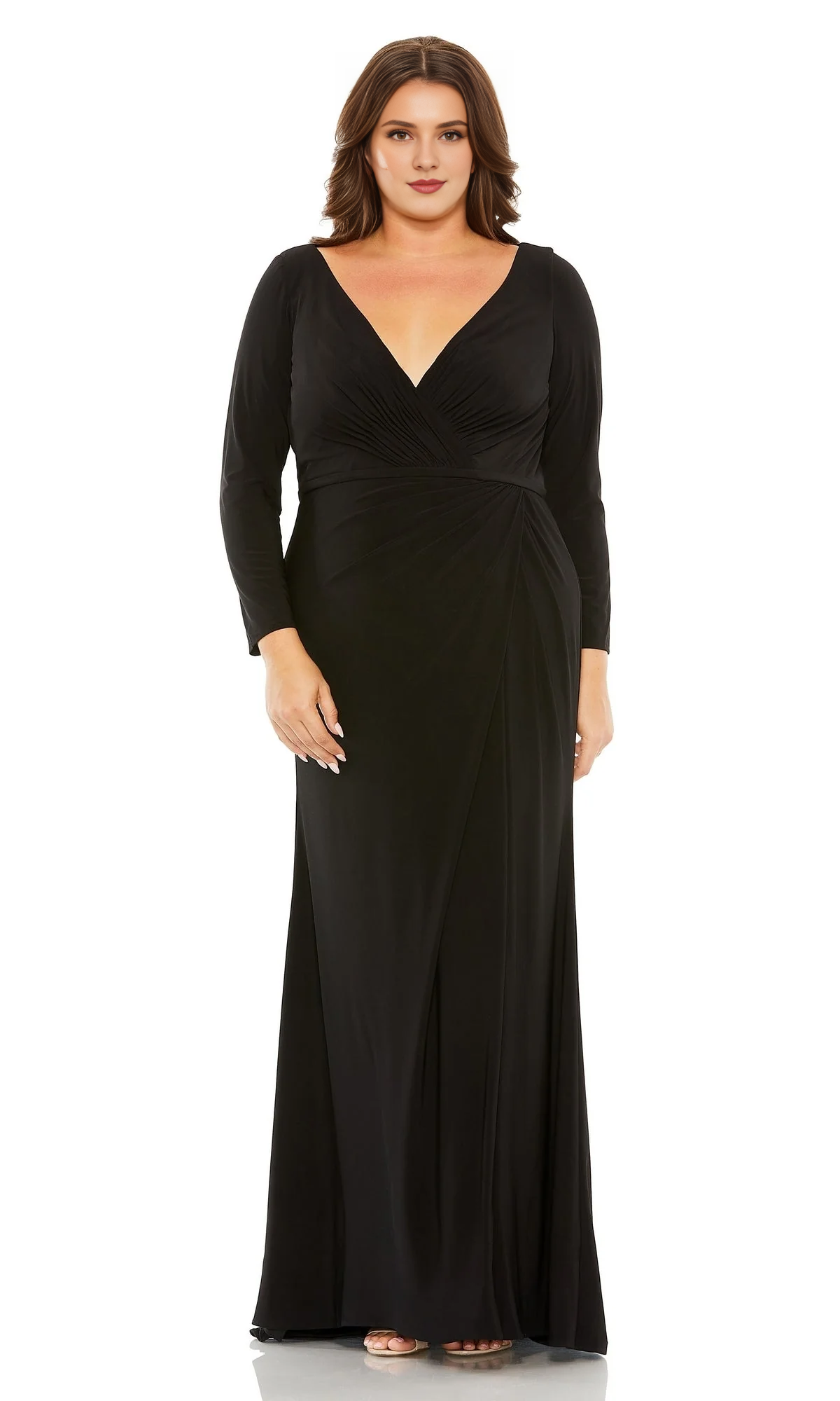 Black V-neck long sleeved formal and floor length Prom dress）