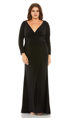 Black V-neck long sleeved formal and floor length Prom dress）