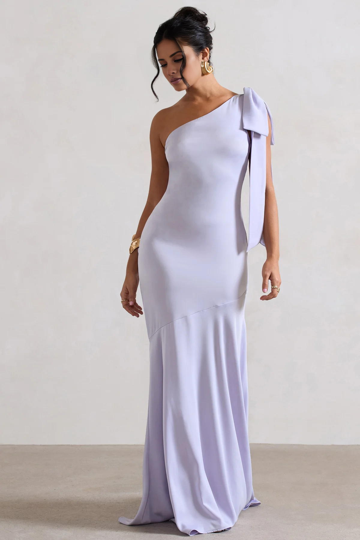 Asymmetric collar bow shoulder strap satin and floor length evening dress - Jimiss Dress