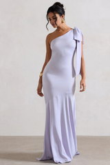 Asymmetric collar bow shoulder strap satin and floor length evening dress - Jimiss Dress