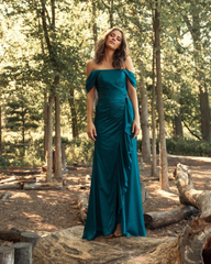 Off-the-shoulder corset with side slits floor-length evening dress