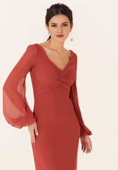 V-neck twisted tight corset bishop sleeve side skirt slit bridesmaid dress