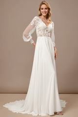 A-line V-neck palace trailing long sleeved lace chiffon wedding dress