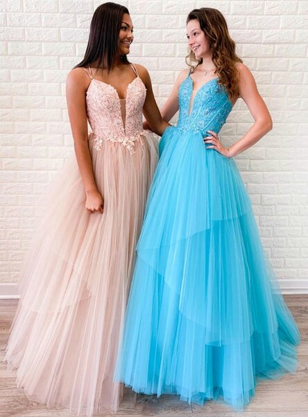 Cross Straps Back Long Blue Appliques A-Line V-neck tulle Prom Dress