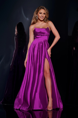 A-line off shoulder satin side slit and floor length evening gown