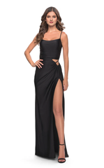 Square neckline sleeveless tight corset with hollowed out side slits and floor length evening dress