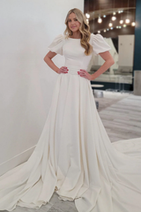 A-line Puff Sleeves Satin Sweeping Long Wedding Dress
