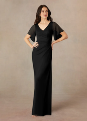 A-line V-neck pleated mesh and floor length mother of the bride dress