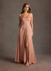 Jimiss square neckline satin side slit backless and floor length Prom dress