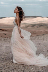 A-line V-neck Sparkle Beading Backless Bridal Gowns Wedding Dresses