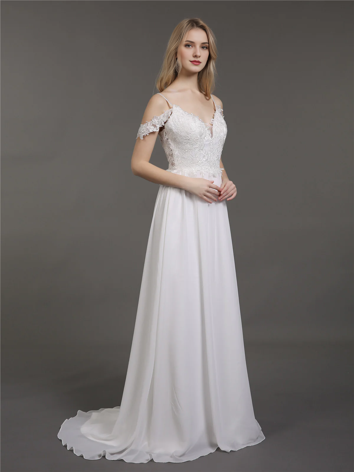 Thin shoulder chiffon minimalist wedding dress