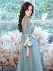 Green round neck tulle lace long prom dress, green evening dress