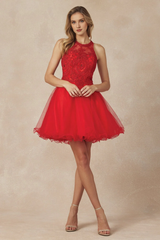 Lace applique short illusion hanging neck dress