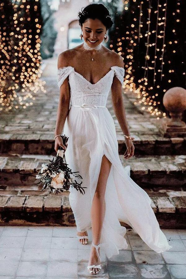 A-line Lace Off The Shoulder Backless Chiffon Split Ivory Wedding Dresses