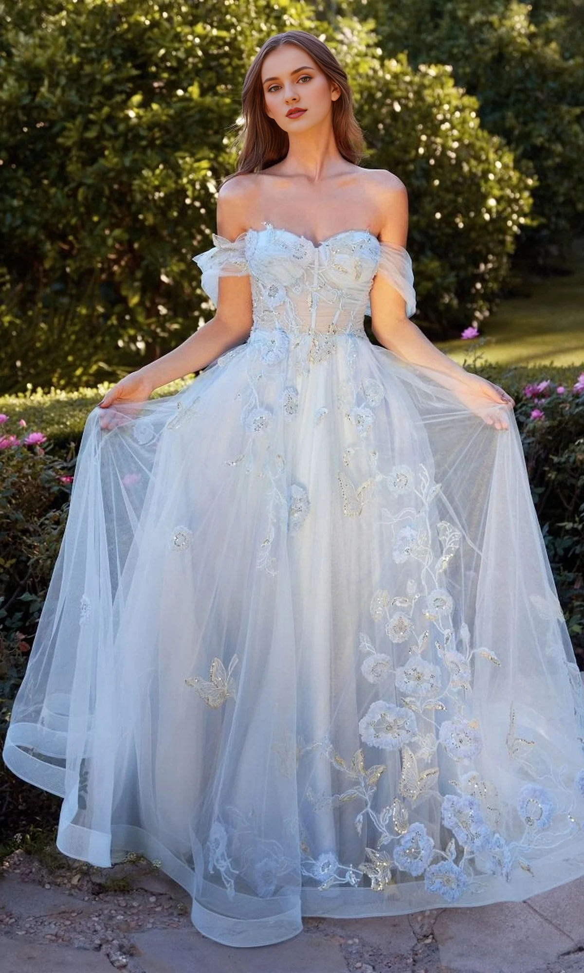 A-line chicken heart collar silhouette with soft floral embroidery Prom dress