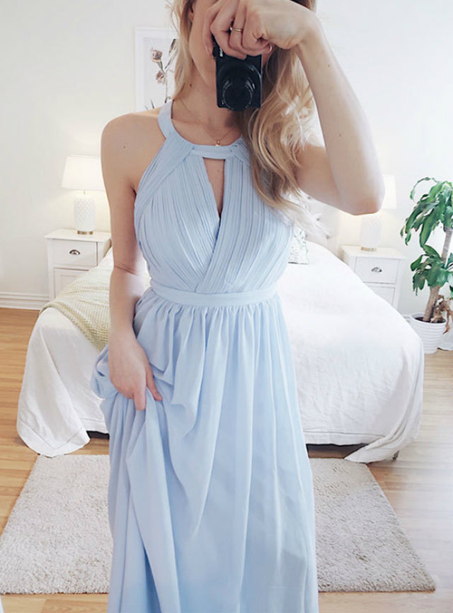 Halter A-Line Chiffon Pleats Light Blue Backless Prom Dress