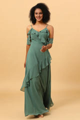 Eucalyptus fine shoulder strap ruffled chiffon long bridesmaid dress