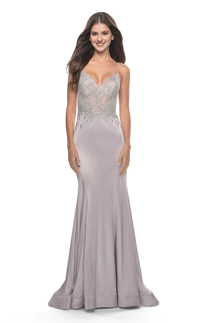 Embroidered V-neck slim shoulder strap backless tight corset with side slits and floor length evening dress