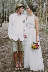 Simple Floor-Length Jewel Sleeveless Lace Top Wedding Dress