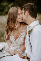 A-line V Neck Long Sleeve Rustic Wedding Gown Wedding Dress