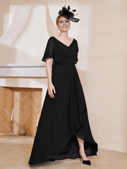 V-neck ruffle sleeves asymmetrical mother of the bride dress